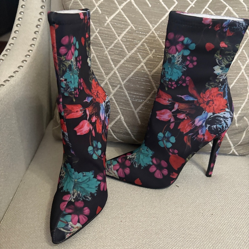 Floral Stiletto Ankle Boots - Black and Red
